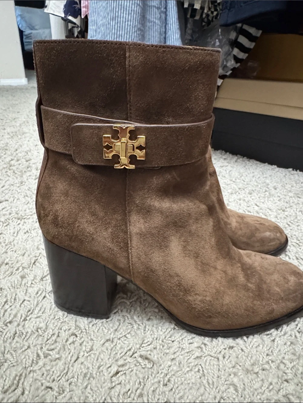 Tory Burch Brown Suede Block Heel Ankle Boots with Gold Logo